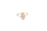 14KT Gold Ring Women's Flower Pink Marquise Center CZ Stone with White CZ Stone Petal Borders and Plain Band