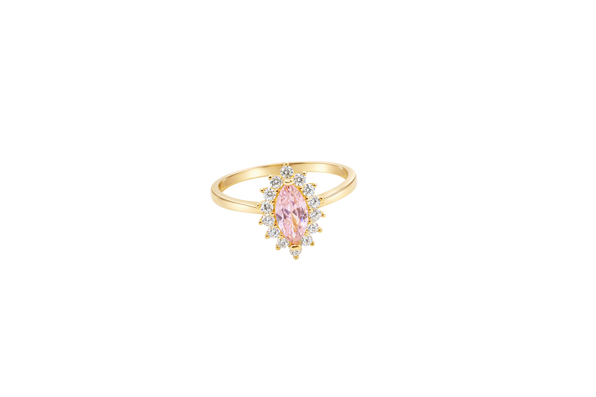 14KT Gold Ring Women's Flower Pink Marquise Center CZ Stone with White CZ Stone Petal Borders and Plain Band