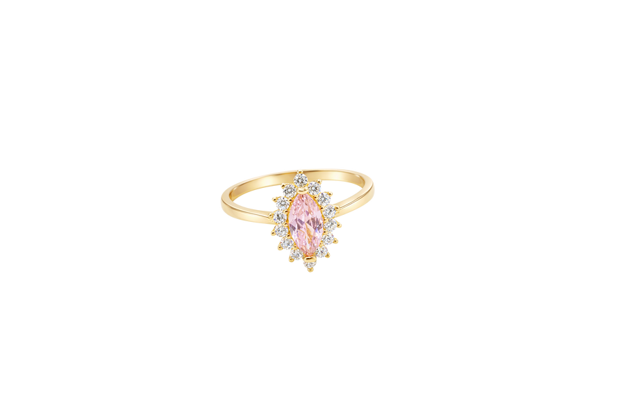 14KT Gold Ring Women's Flower Pink Marquise Center CZ Stone with White CZ Stone Petal Borders and Plain Band