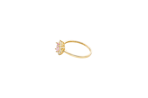 14KT Gold Ring Women's Flower Oval Pink Center Stone with White CZ Stone Petals Border Plain Band