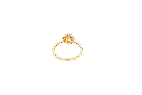 14KT Gold Ring Women's Flower Oval Pink Center Stone with White CZ Stone Petals Border Plain Band