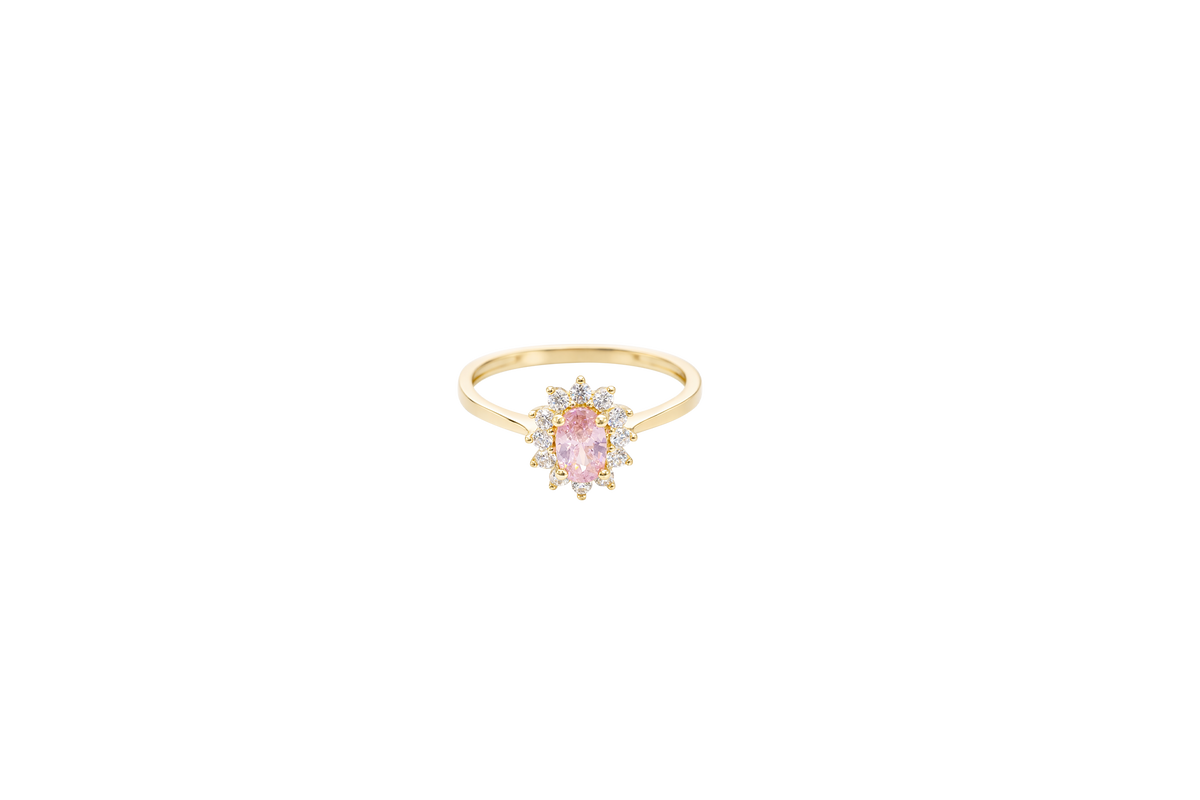 14KT Gold Ring Women's Flower Oval Pink Center Stone with White CZ Stone Petals Border Plain Band