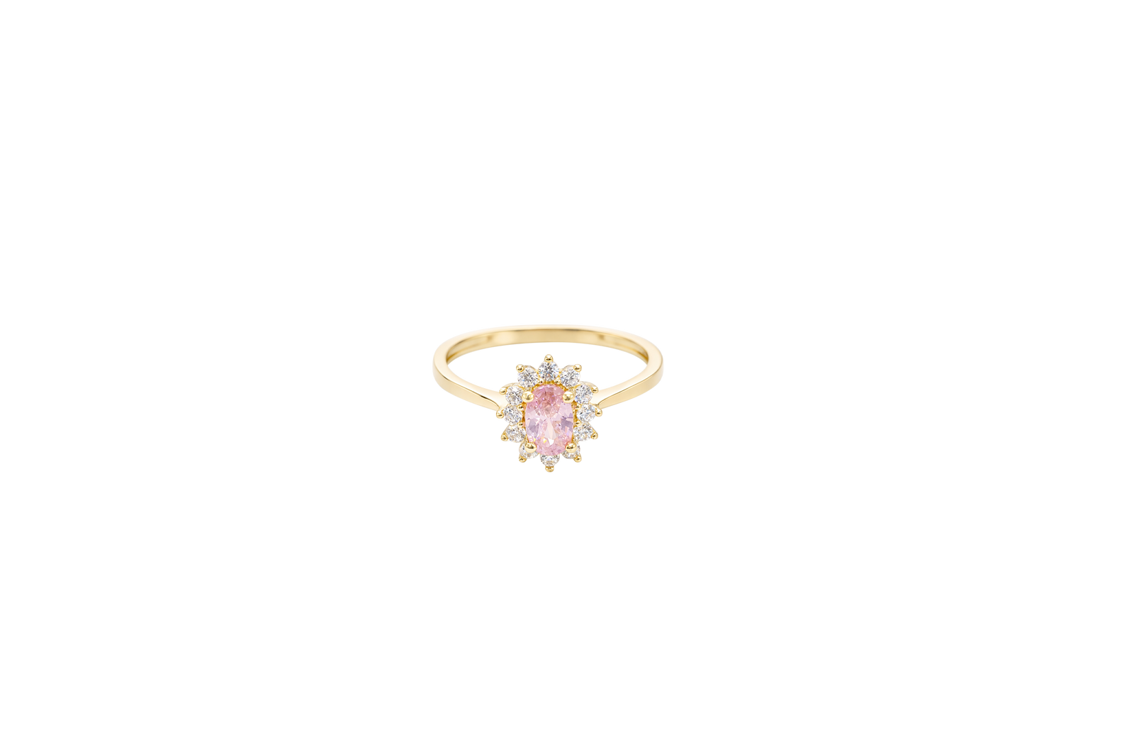 14KT Gold Ring Women's Flower Oval Pink Center Stone with White CZ Stone Petals Border Plain Band