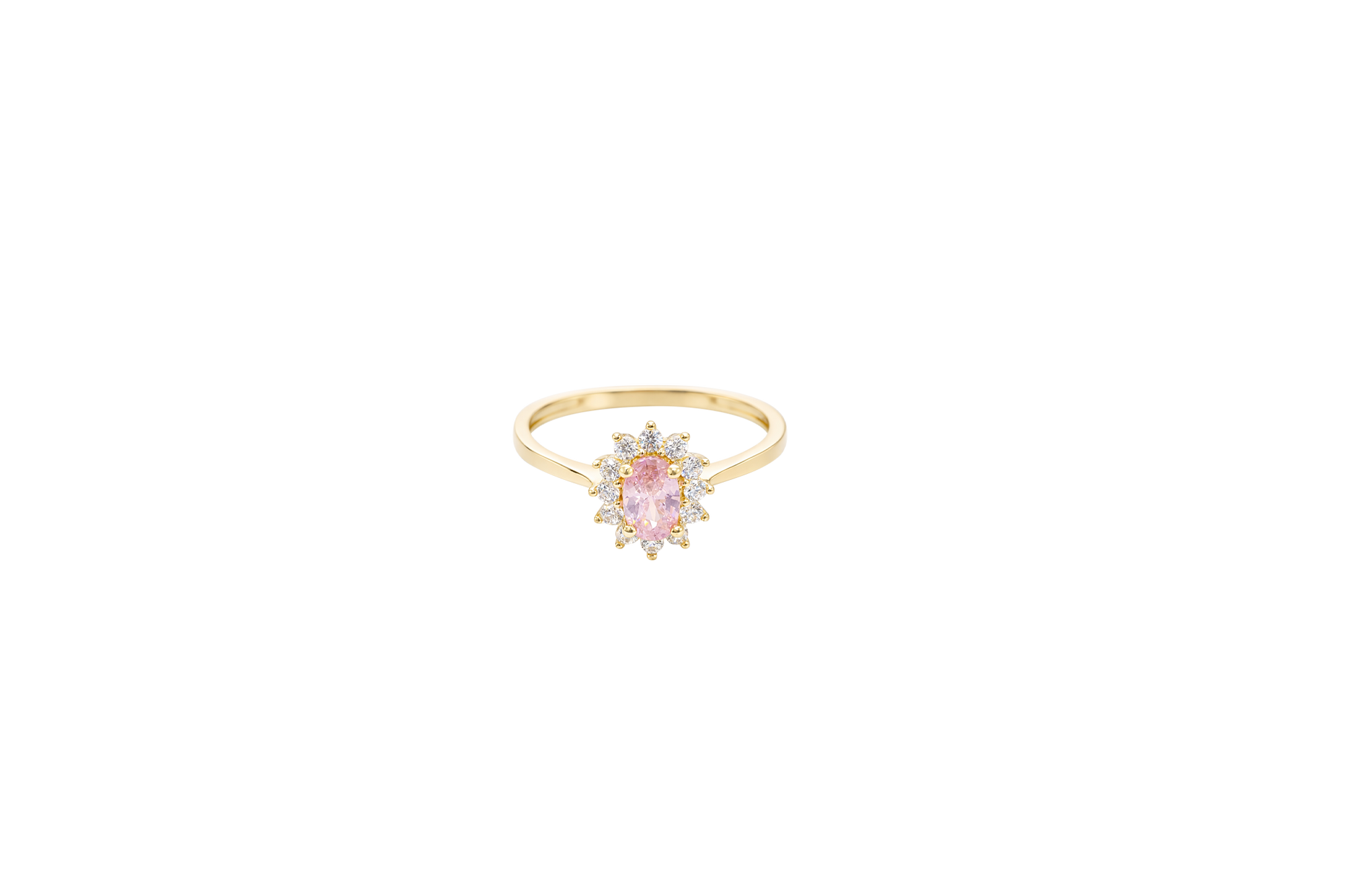 14KT Gold Ring Women's Flower Oval Pink Center Stone with White CZ Stone Petals Border Plain Band