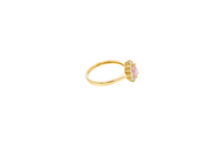14KT Gold Ring Women's Flower Pear Pink Center Stone with White CZ Stone Petals Border Plain Band