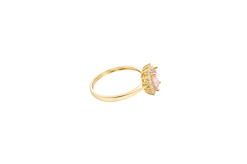 14KT Gold Ring Women's Flower Pink Rectangle Center CZ Stone with White CZ Stone Petal Borders and Plain Band