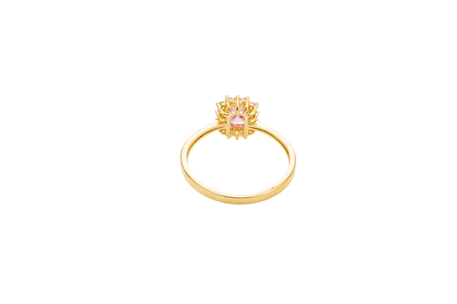14KT Gold Ring Women's Flower Pink Rectangle Center CZ Stone with White CZ Stone Petal Borders and Plain Band