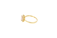 14KT Gold Ring Women's Flower Pink Rectangle Center CZ Stone with White CZ Stone Petal Borders and Plain Band