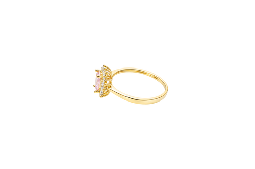 14KT Gold Ring Women's Flower Pink Rectangle Center CZ Stone with White CZ Stone Petal Borders and Plain Band