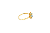 14KT Gold Ring Women's Flower Rectangle Turquoise Center Stone with White CZ Stone Petals Border Plain Band