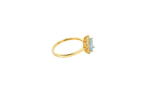 14KT Gold Ring Women's Flower Rectangle Turquoise Center Stone with White CZ Stone Petals Border Plain Band