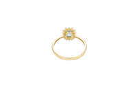 14KT Gold Ring Women's Flower Rectangle Turquoise Center Stone with White CZ Stone Petals Border Plain Band