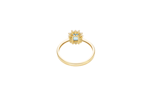 14KT Gold Ring Women's Flower Rectangle Turquoise Center Stone with White CZ Stone Petals Border Plain Band