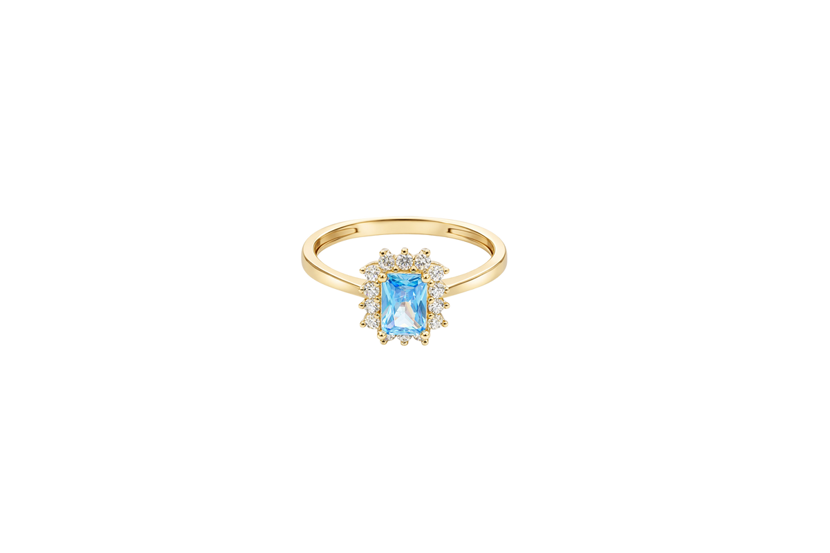 14KT Gold Ring Women's Flower Light Blue Rectangle Center CZ Stone with White CZ Stone Petal Borders and Plain Band