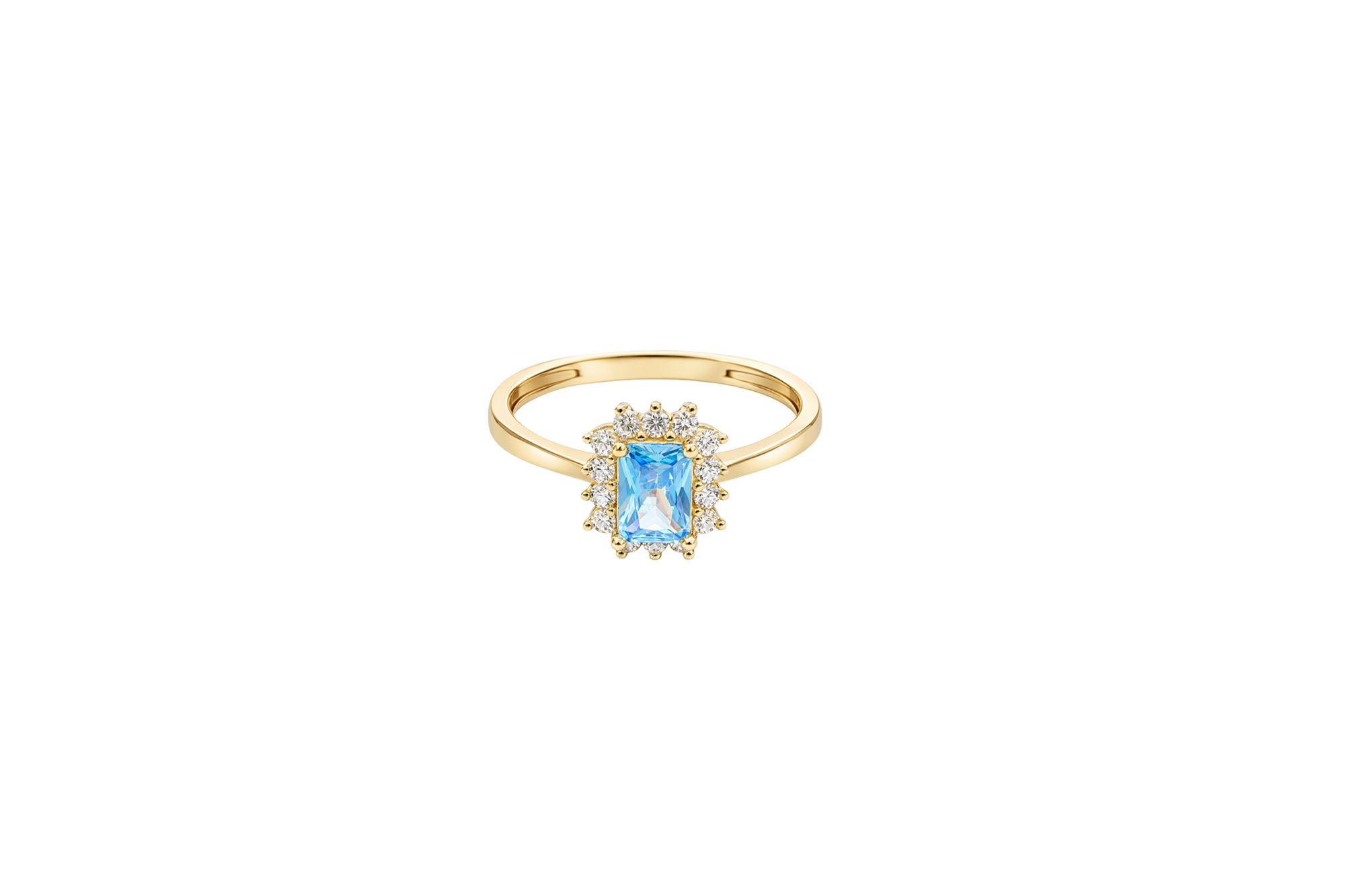 14KT Gold Ring Women's Flower Rectangle Turquoise Center Stone with White CZ Stone Petals Border Plain Band