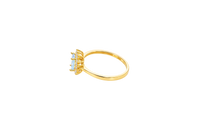 14KT Gold Ring Women's Flower Light Blue Rectangle Center CZ Stone with White CZ Stone Petal Borders and Plain Band