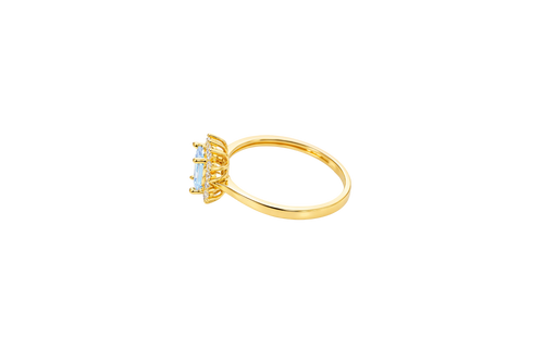 14KT Gold Ring Women's Flower Light Blue Rectangle Center CZ Stone with White CZ Stone Petal Borders and Plain Band