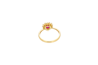 14KT Gold Ring Women's Flower Heart Red Center Stone with White CZ Stone Petal Border Plain Band