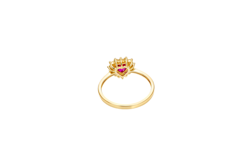 14KT Gold Ring Women's Flower Heart Red Center Stone with White CZ Stone Petal Border Plain Band