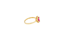 14KT Gold Ring Women's Flower Heart Red Center Stone with White CZ Stone Petal Border Plain Band