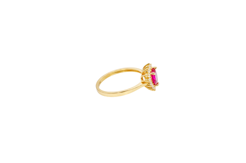 14KT Gold Ring Women's Flower Heart Red Center Stone with White CZ Stone Petal Border Plain Band