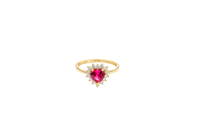 14KT Gold Ring Women's Flower Heart Red Center Stone with White CZ Stone Petal Border Plain Band