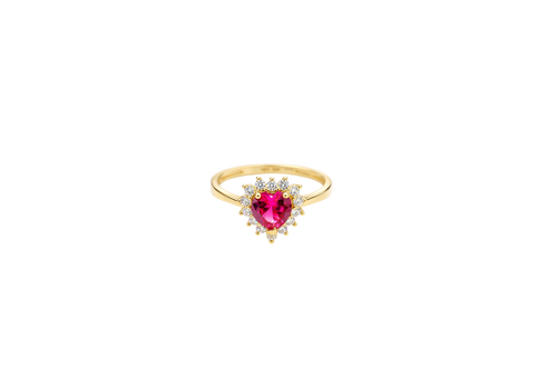 14KT Gold Ring Women's Flower Heart Red Center Stone with White CZ Stone Petal Border Plain Band