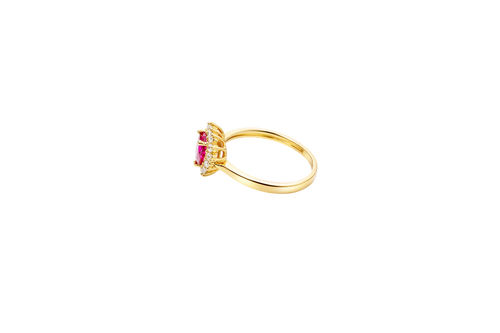 14KT Gold Ring Women's Flower Heart Red Center Stone with White CZ Stone Petal Border Plain Band