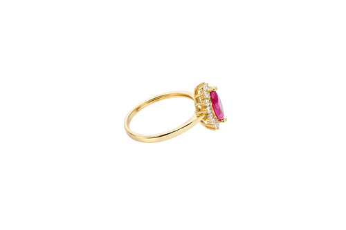 14KT Gold Ring Women's Flower Red Marquise Center CZ Stone with White CZ Stone Petal Borders and Plain Band