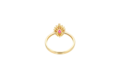 14KT Gold Ring Women's Flower Red Marquise Center CZ Stone with White CZ Stone Petal Borders and Plain Band