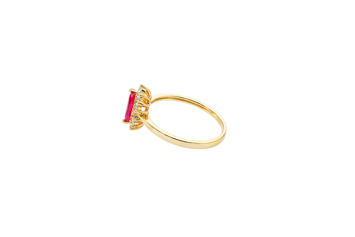 14KT Gold Ring Women's Flower Red Marquise Center CZ Stone with White CZ Stone Petal Borders and Plain Band