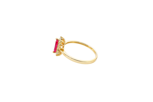 14KT Gold Ring Women's Flower Red Marquise Center CZ Stone with White CZ Stone Petal Borders and Plain Band