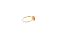 14KT Gold Ring Women's Flower Red Oval Center CZ Stone with White CZ Stone Petal Borders and Plain Band