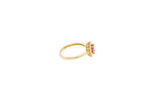 14KT Gold Ring Women's Flower Red Oval Center CZ Stone with White CZ Stone Petal Borders and Plain Band