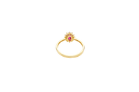 14KT Gold Ring Women's Flower Red Oval Center CZ Stone with White CZ Stone Petal Borders and Plain Band