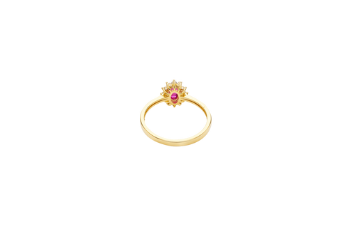 14KT Gold Ring Women's Flower Red Oval Center CZ Stone with White CZ Stone Petal Borders and Plain Band