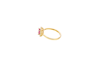14KT Gold Ring Women's Flower Red Oval Center CZ Stone with White CZ Stone Petal Borders and Plain Band