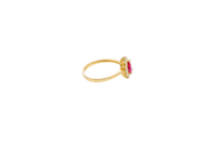 14KT Gold Ring Women's Flower Pear Red Center Stone with White CZ Stone Petals Border Plain Band