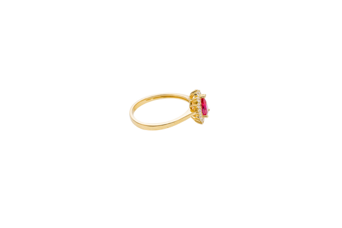 14KT Gold Ring Women's Flower Pear Red Center Stone with White CZ Stone Petals Border Plain Band