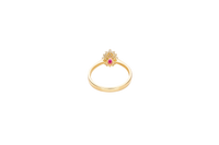 14KT Gold Ring Women's Flower Pear Red Center Stone with White CZ Stone Petals Border Plain Band