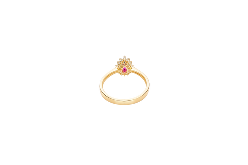 14KT Gold Ring Women's Flower Pear Red Center Stone with White CZ Stone Petals Border Plain Band