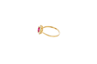 14KT Gold Ring Women's Flower Pear Red Center Stone with White CZ Stone Petals Border Plain Band