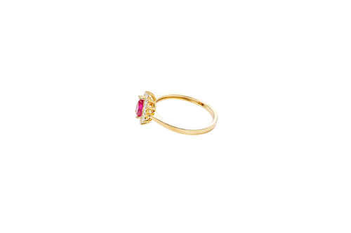 14KT Gold Ring Women's Flower Pear Red Center Stone with White CZ Stone Petals Border Plain Band