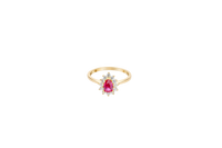 14KT Gold Ring Women's Flower Pear Red Center Stone with White CZ Stone Petals Border Plain Band