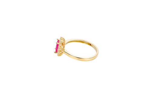 14KT Gold Ring Women's Flower Red Rectangle Center CZ Stone with White CZ Stone Petal Borders and Plain Band
