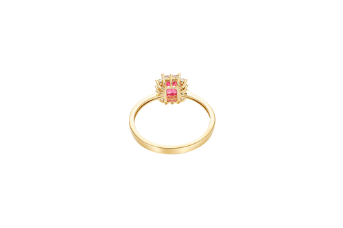 14KT Gold Ring Women's Flower Red Rectangle Center CZ Stone with White CZ Stone Petal Borders and Plain Band