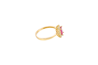 14KT Gold Ring Women's Flower Red Rectangle Center CZ Stone with White CZ Stone Petal Borders and Plain Band