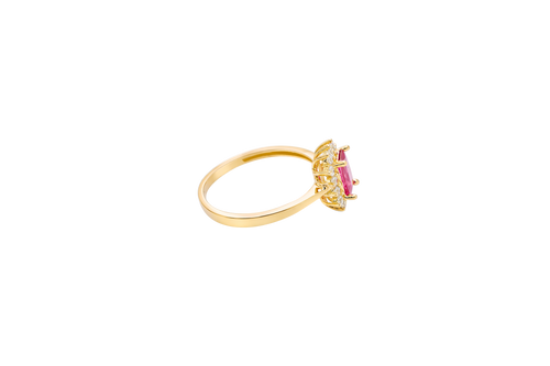 14KT Gold Ring Women's Flower Red Rectangle Center CZ Stone with White CZ Stone Petal Borders and Plain Band