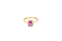 14KT Gold Ring Women's Flower Red Rectangle Center CZ Stone with White CZ Stone Petal Borders and Plain Band