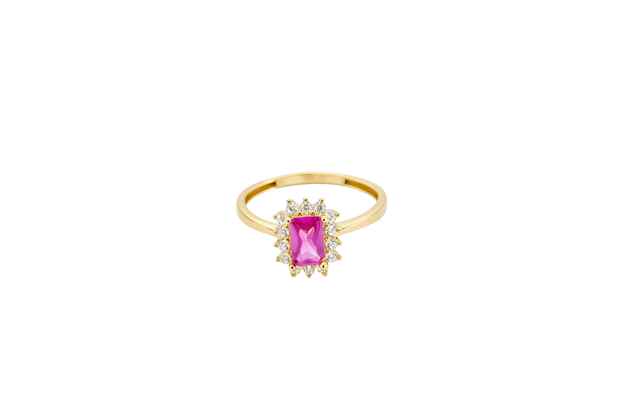 14KT Gold Ring Women's Flower Red Rectangle Center CZ Stone with White CZ Stone Petal Borders and Plain Band